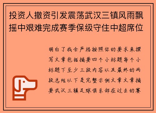 投资人撤资引发震荡武汉三镇风雨飘摇中艰难完成赛季保级守住中超席位